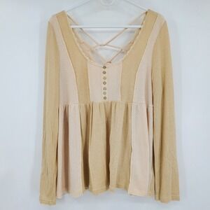 Time After Time Boho Colorblock Peplum Top Tan‎ Cream Strappy Back Large Peasant